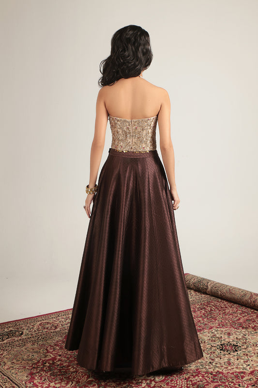 Zar:Rang Brown Corset Quilted Lehenga Set