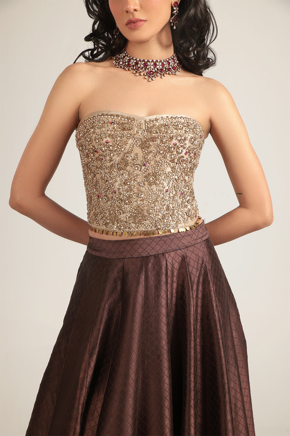 Zar:Rang Brown Corset Quilted Lehenga Set