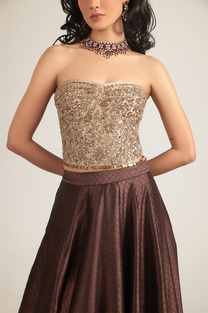 Zar:Rang Brown Corset Quilted Lehenga Set