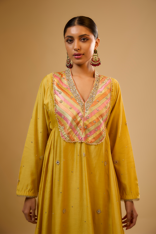 Nazakat Yellow Stripe Yoke Kurta Set