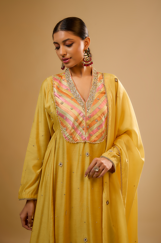 Nazakat Yellow Stripe Yoke Kurta Set