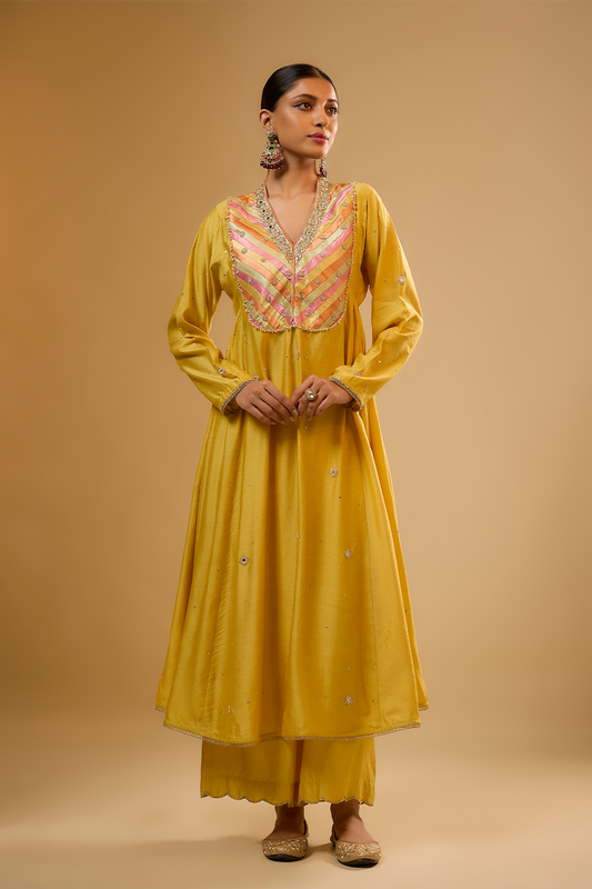 Nazakat Yellow Stripe Yoke Kurta Set