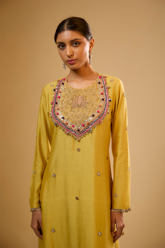 Nazakat  Yellow Lotus Yoke Kurta Set