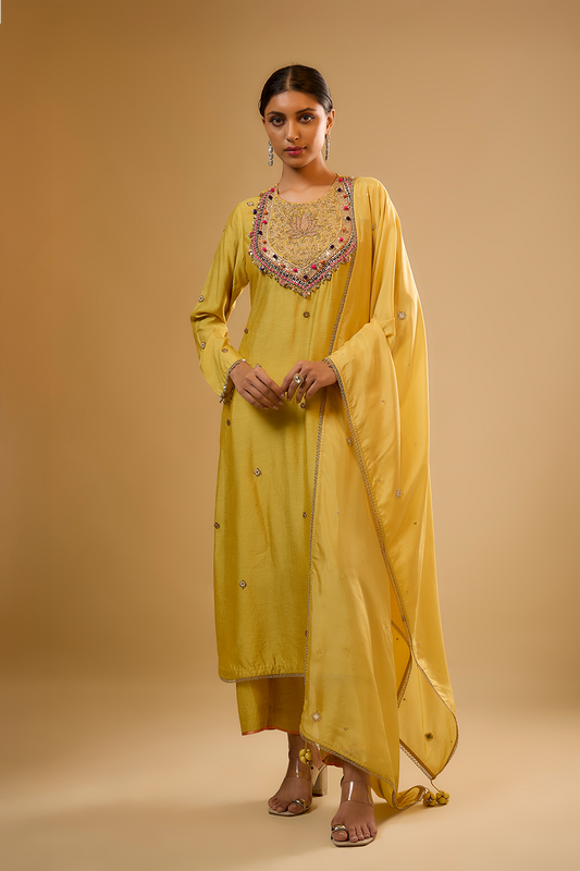 Nazakat  Yellow Lotus Yoke Kurta Set