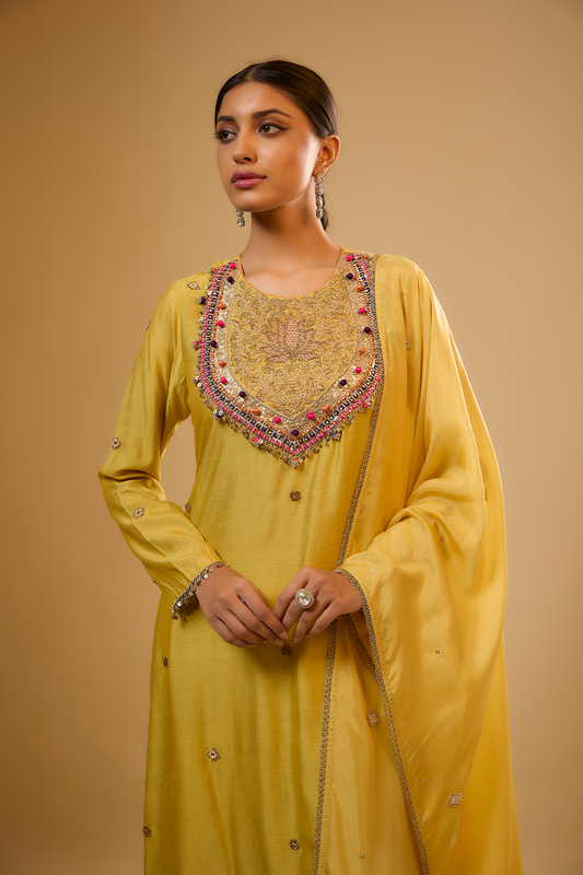 Nazakat  Yellow Lotus Yoke Kurta Set