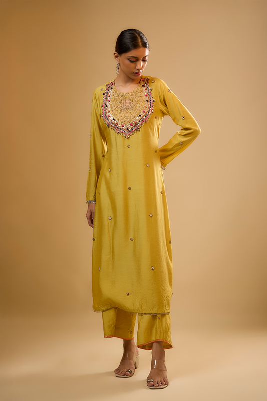 Nazakat  Yellow Lotus Yoke Kurta Set