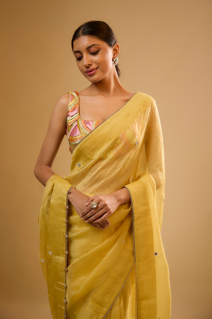 Nazakat Yellow Organza Saree Set