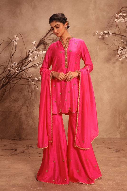 Nazakat Hot Pink Mirror Work Sharara Set
