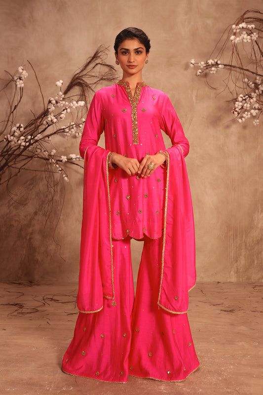 Nazakat Hot Pink Mirror Work Sharara Set