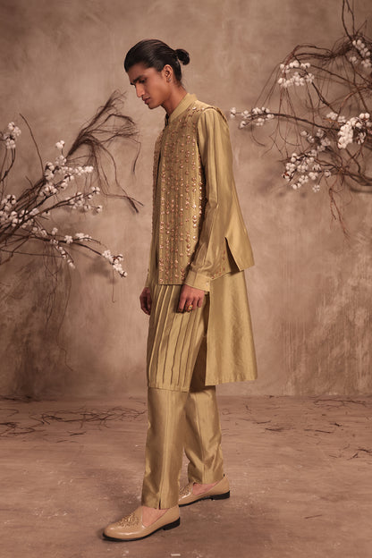 Nazakat Light Green Striped Embroidered Bandi Kurta Set