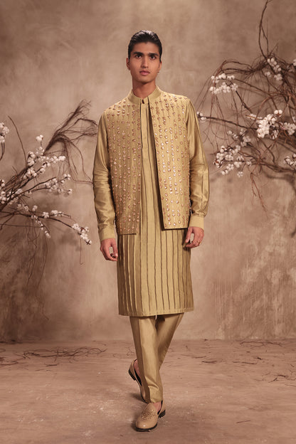 Nazakat Light Green Striped Embroidered Bandi Kurta Set