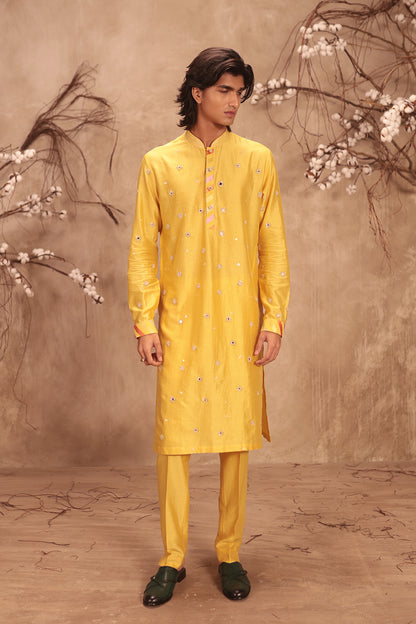 Nazakat Yellow Applique Placket Mirror Work Kurta Set