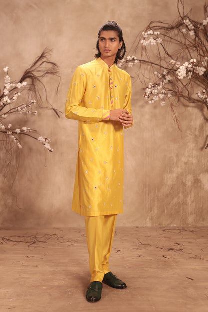 Nazakat Yellow Applique Placket Mirror Work Kurta Set