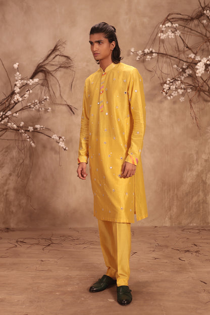 Nazakat Yellow Applique Placket Mirror Work Kurta Set