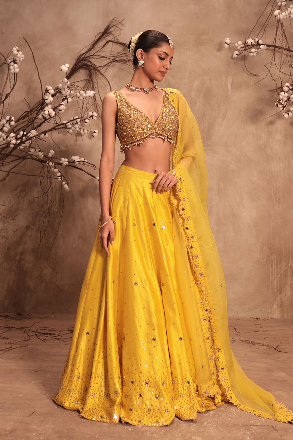 Nazakat Yellow  Heavy Mirror Work Sleeveless Lehenga Set