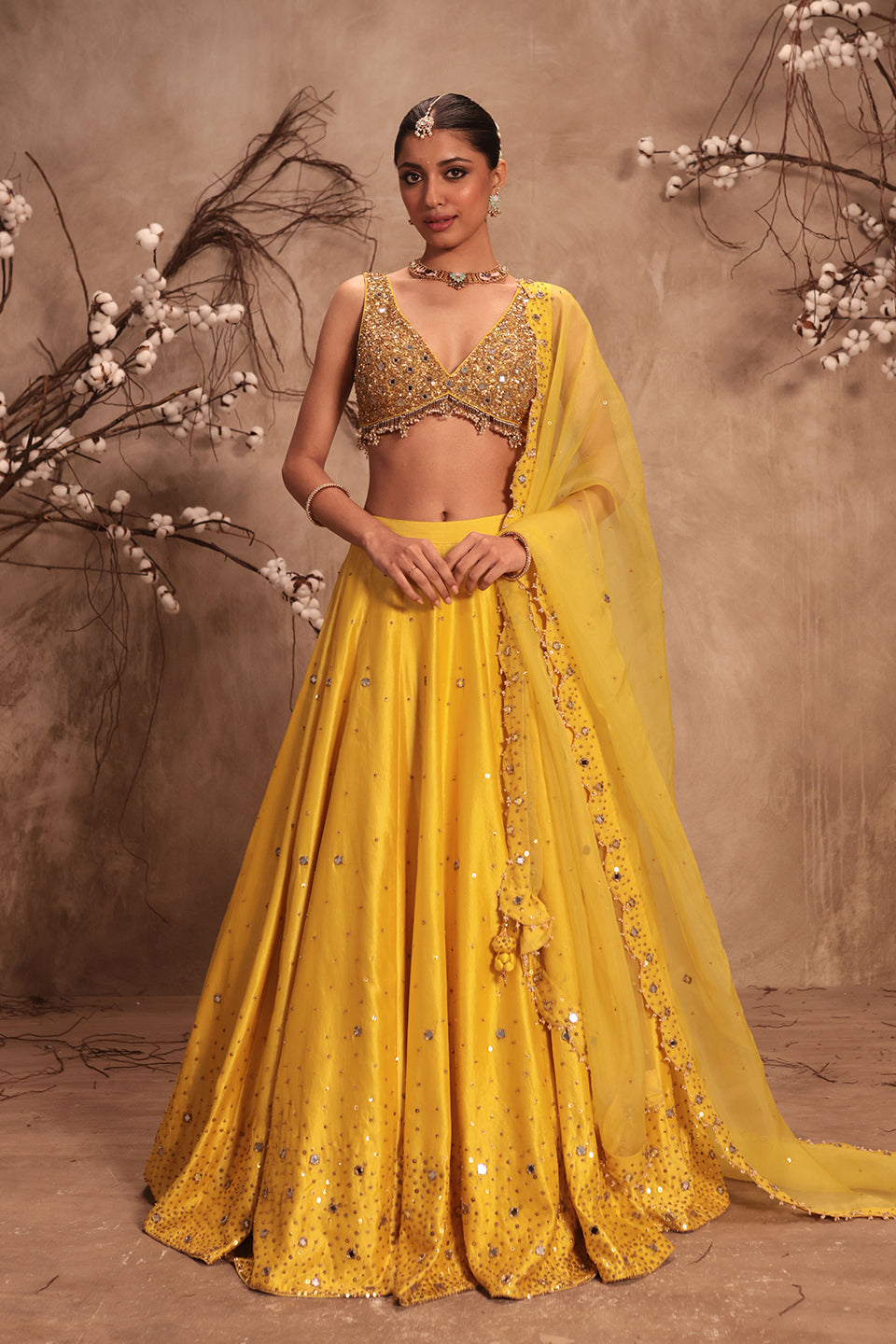 Nazakat Yellow  Heavy Mirror Work Sleeveless Lehenga Set