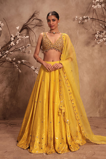 Nazakat Yellow  Heavy Mirror Work Sleeveless Lehenga Set