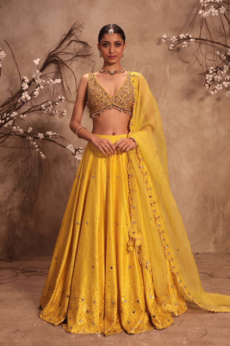 Nazakat Yellow  Heavy Mirror Work Sleeveless Lehenga Set