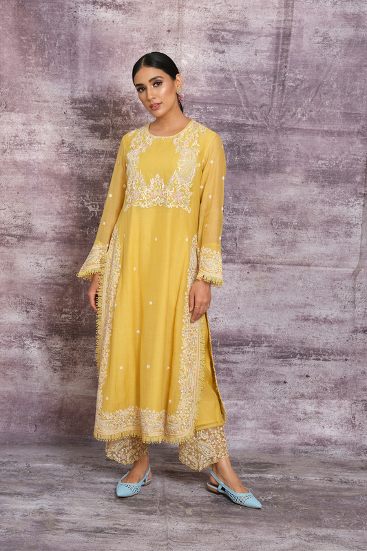 Yellow Dori Paisley Yoke Long Kurta Set