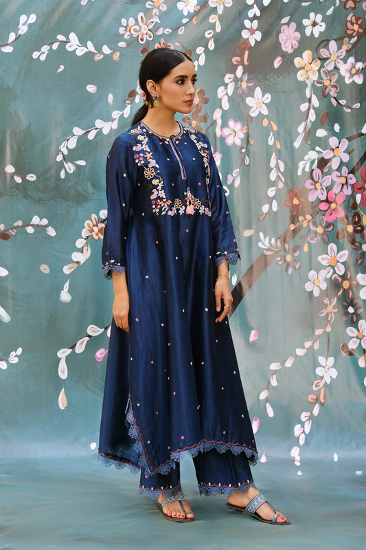 Cobalt Blue French Knot Handkerchief Style Kurta Set