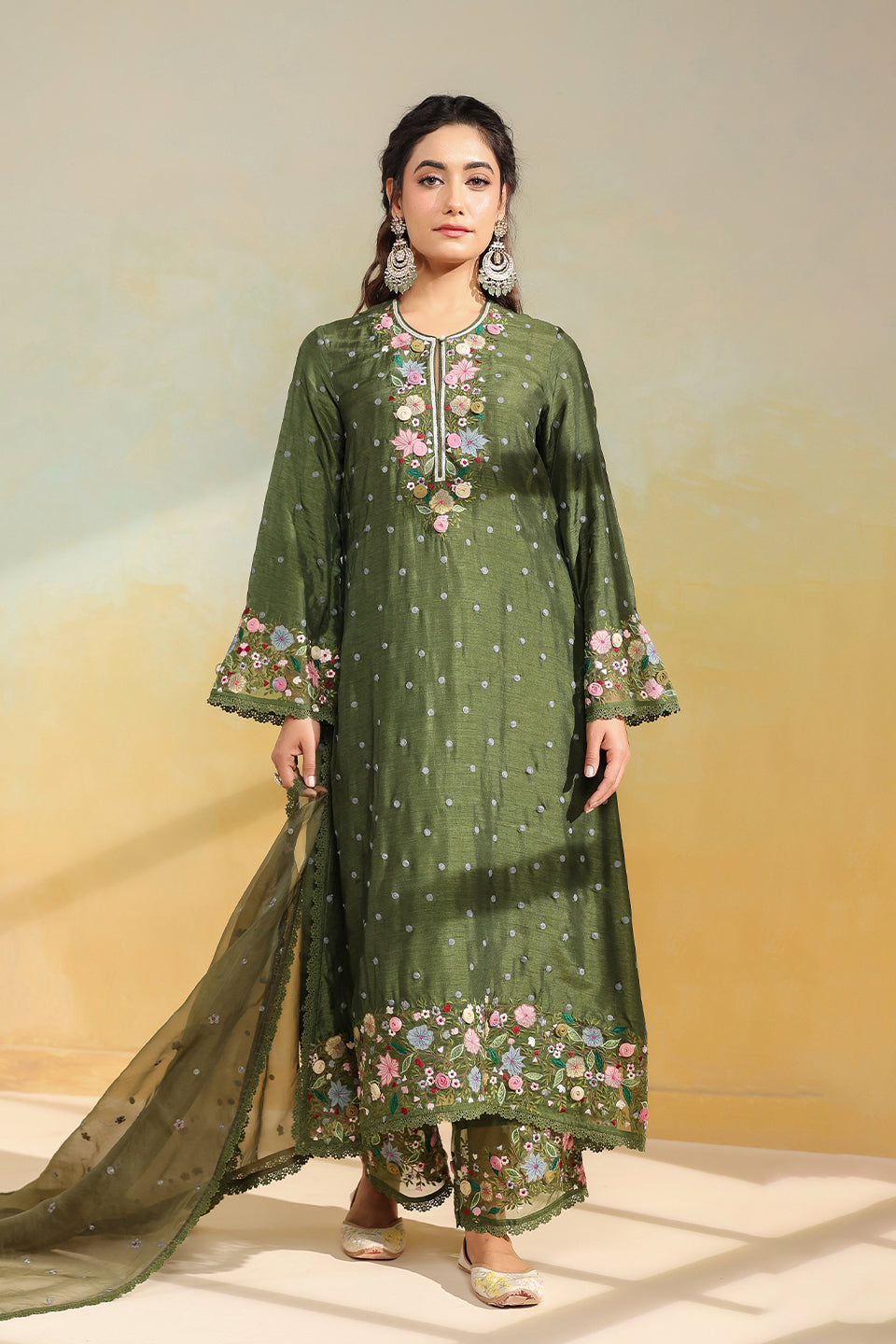 Olive Green Orchid Long Kurta