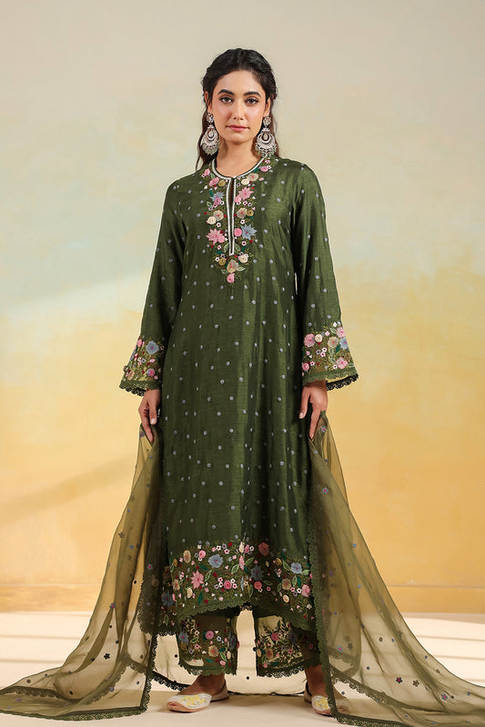 Olive Green Orchid Long Kurta