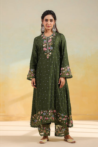 Olive Green Orchid Long Kurta