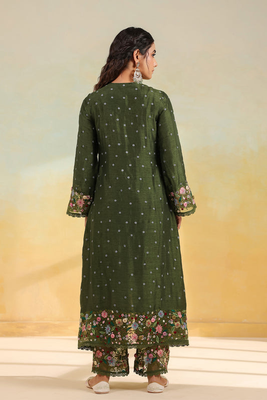 Olive Green Orchid Long Kurta