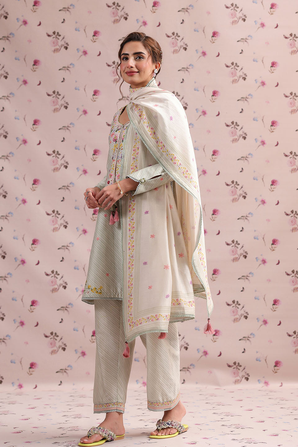 Noor Sage Green Striped Straight Kurti Set