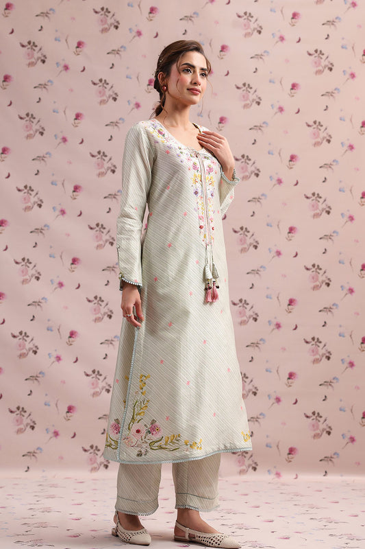 Noor Sage Green Striped Straight Long Kurta Set