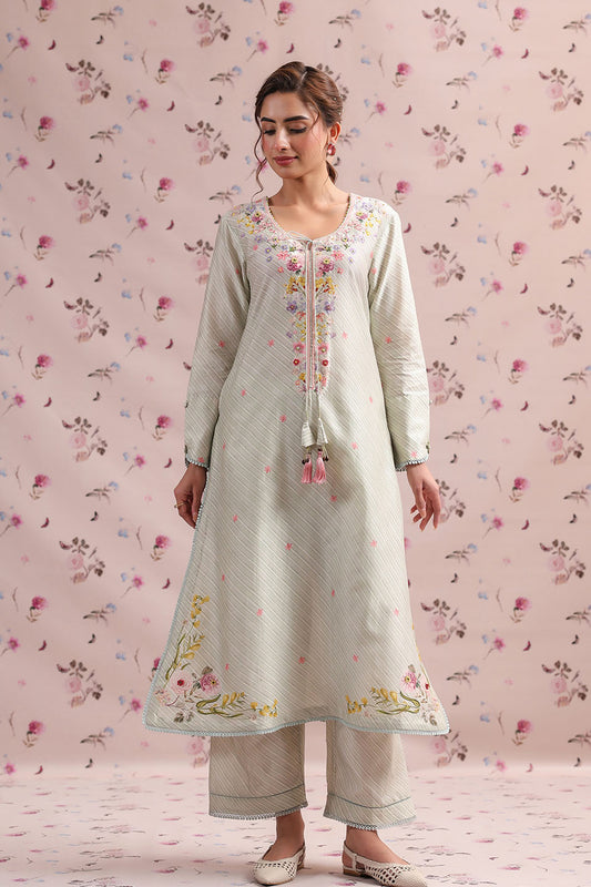 Noor Sage Green Striped Straight Long Kurta Set