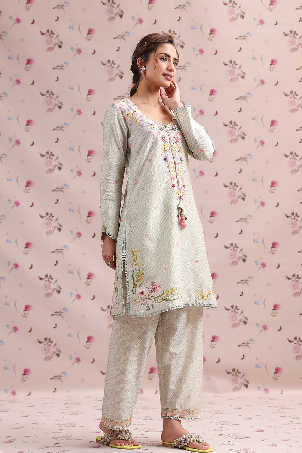 Noor Sage Green Striped Straight Kurti Set