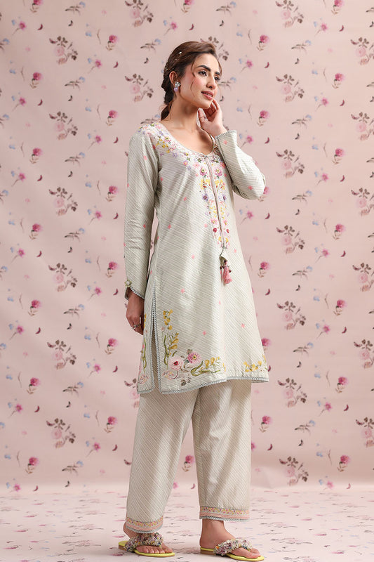 Noor Sage Green Striped Straight Kurti Set