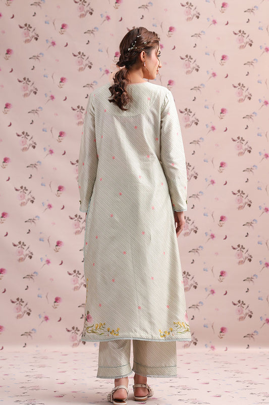 Noor Sage Green Striped Straight Long Kurta Set