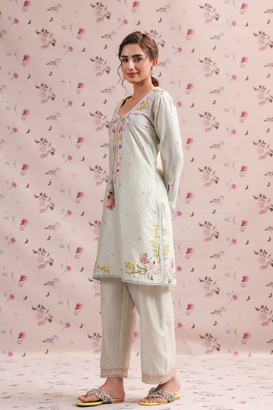 Noor Sage Green Striped Straight Kurti Set