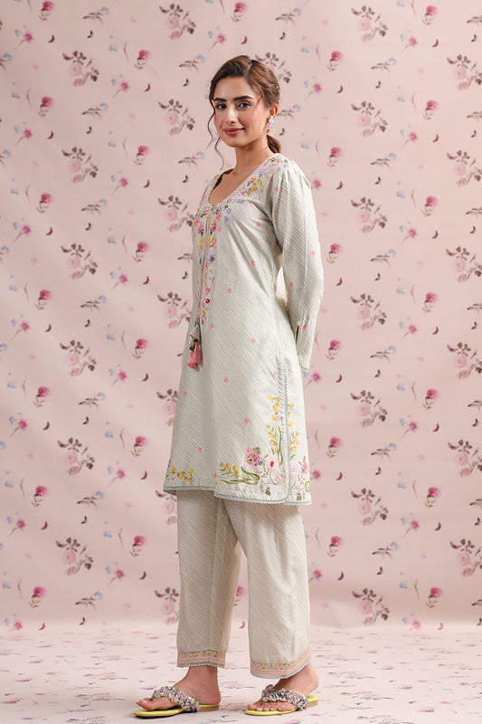 Noor Sage Green Striped Straight Kurti Set