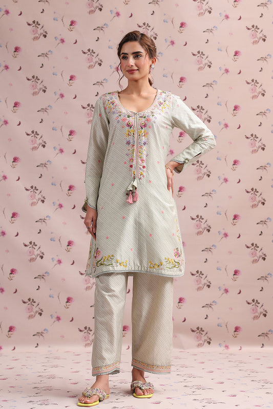 Noor Sage Green Striped Straight Kurti Set