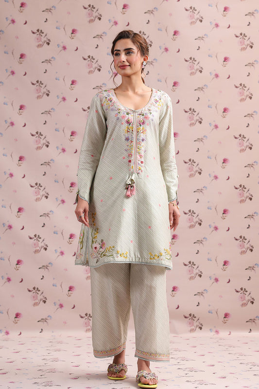 Noor Sage Green Striped Straight Kurti Set