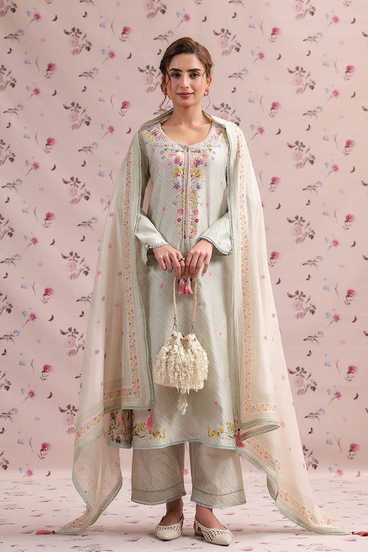 Noor Sage Green Striped Straight Long Kurta Set