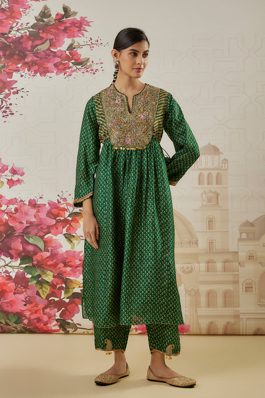 Riwayat Emerald Green Printed Frockstyle Kurta Set