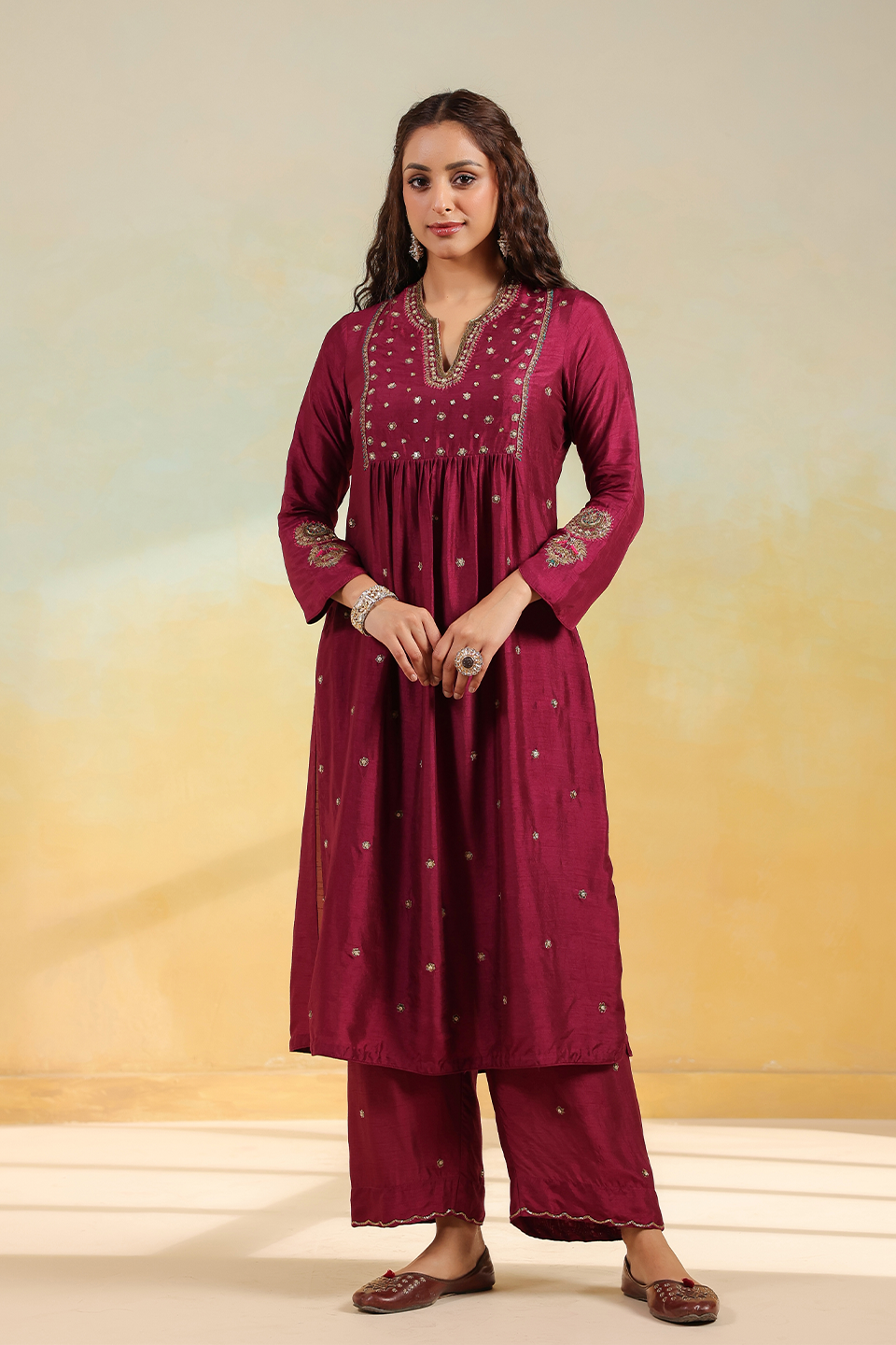 Wine Zardozi Kurta Set
