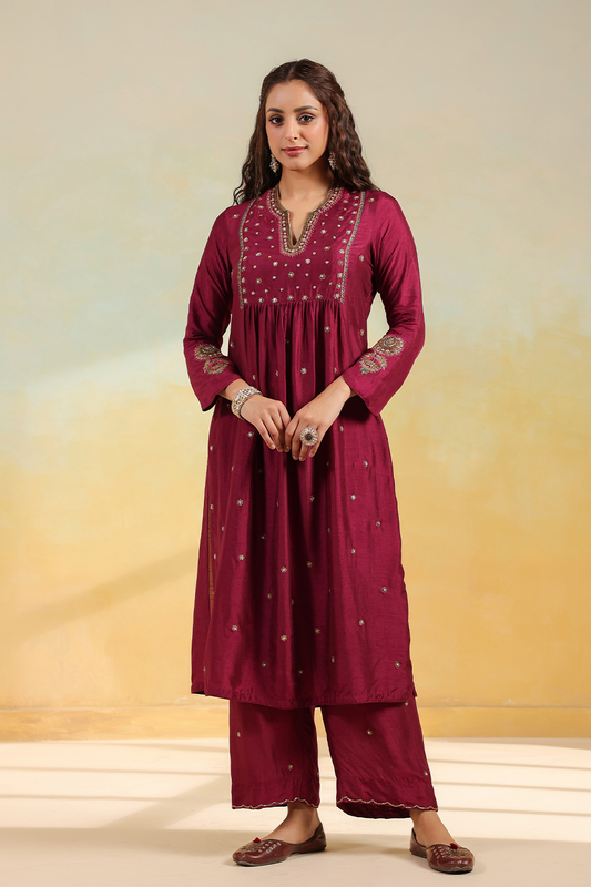 Wine Zardozi Kurta Set