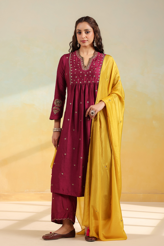 Wine Zardozi Kurta Set