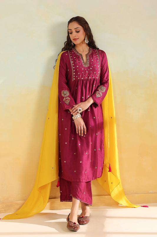 Wine Zardozi Kurta Set