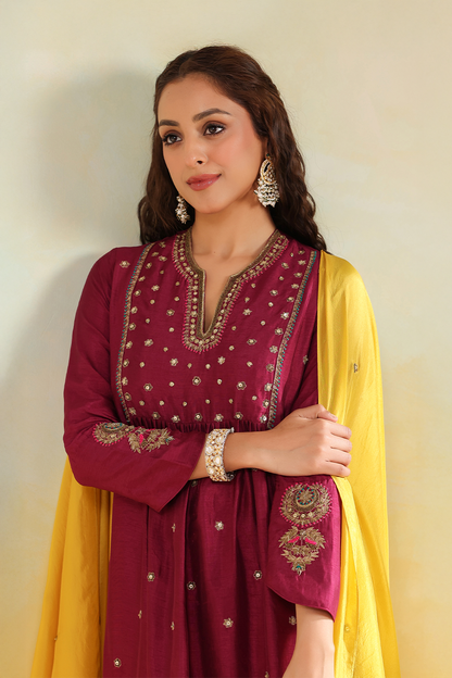 Wine Zardozi Kurta Set