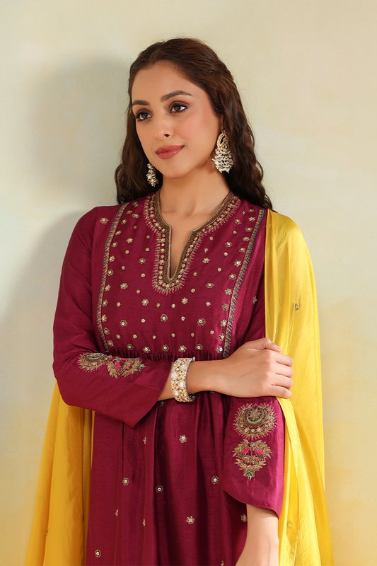 Wine Zardozi Kurta Set