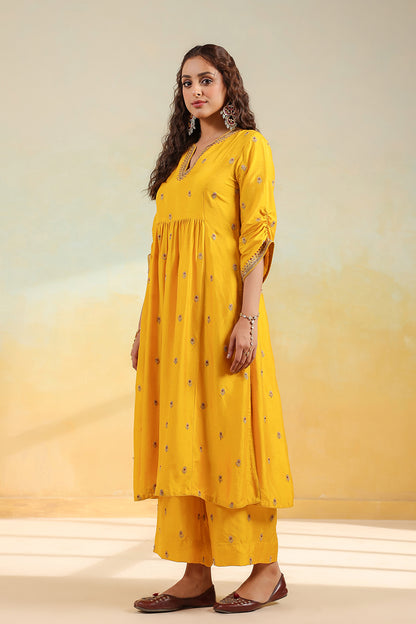 Yellow Multi Zardozi Buti Frockstyle Kurta set