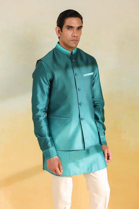 Teal Blue Ombre Bandi Kurta Set