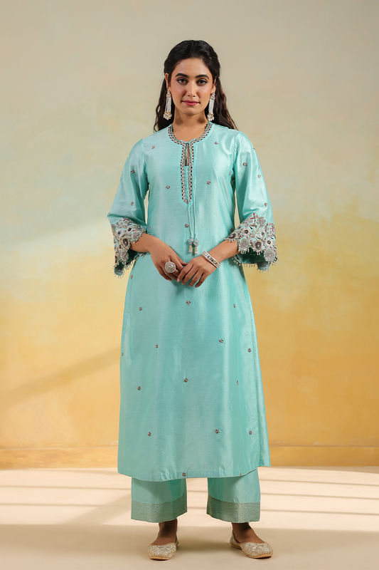 Light Blue Rose Cut Scallop Kurta Set