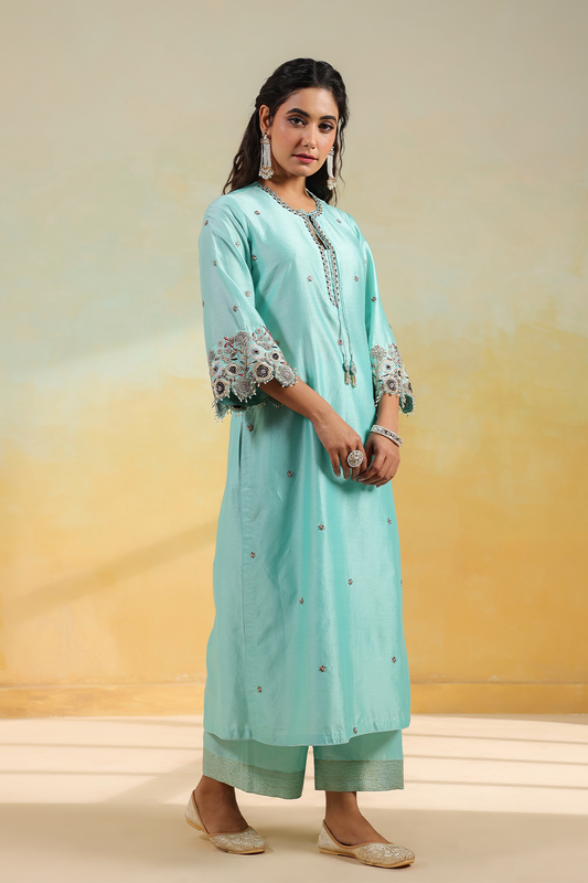 Light Blue Rose Cut Scallop Kurta Set